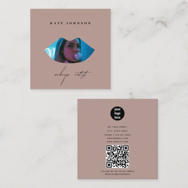 Carte De Visite Carré Blush Pink Business Logo Photo Maquillage Artiste  (Devant / Derrière)