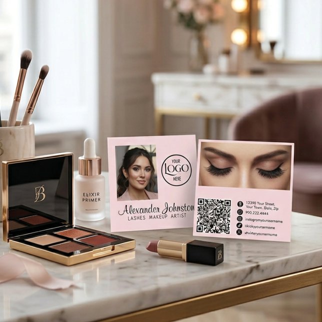 Carte De Visite Carré Blush Pink Lashes Makeup Artist Photo QR Code (Blush Pink Lashes Makeup Artist Photo QR Code Square Business Card )