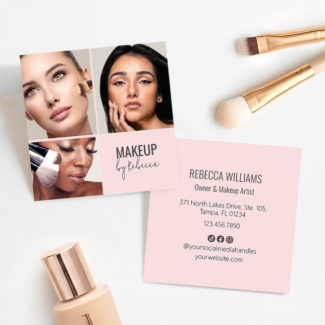 Carte De Visite Carré Blush Pink Modern QR Code 3 Photo Makeup (Blush pink modern square business card with 3 photos and details to the reverse)