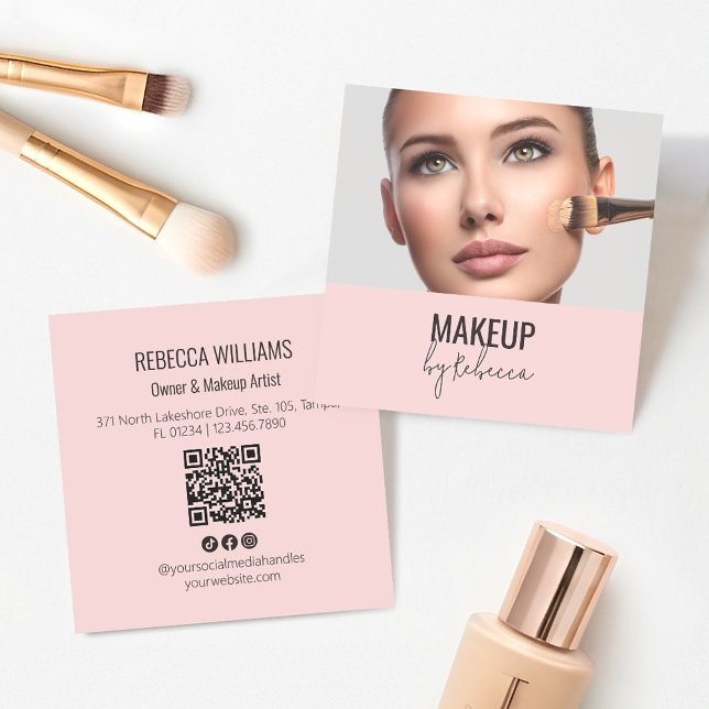 Carte De Visite Carré Blush Pink Modern QR Code Photo Makeup (Blush pink makeup artist business card with photo and QR code)