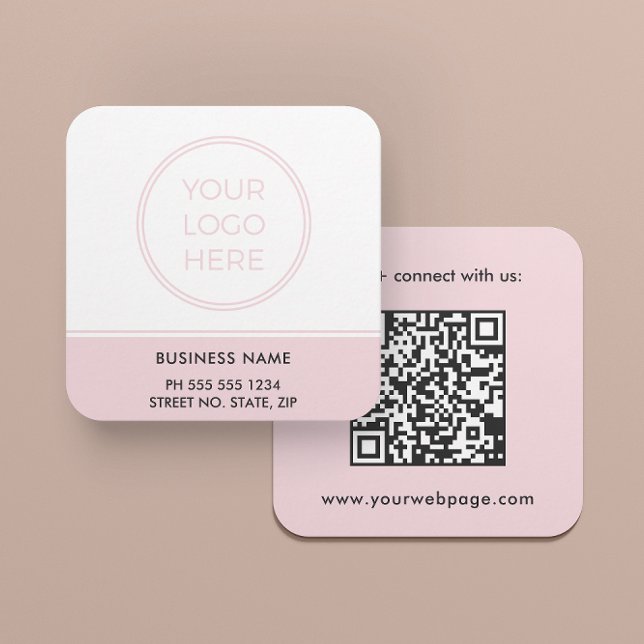 Carte De Visite Carré Blush Pink QR Code Logo Square Business Card (A square card in 2.5 inches is shown. Choose paper and corner style.)