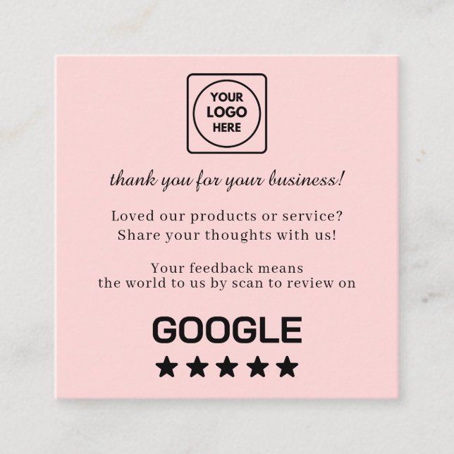 Carte De Visite Carré Blush Pink QR | Google Reviews Custom Feedback  (Devant)