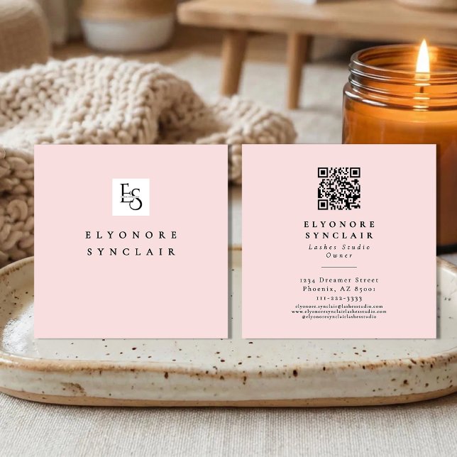 Carte De Visite Carré Blush Pink Script Logo QR Code Lashes (Créateur téléchargé)