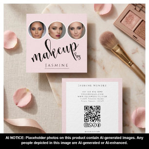 Carte De Visite Carré Blush Rose Blanc 3 Photo MUA QR Code Réseaux Socia