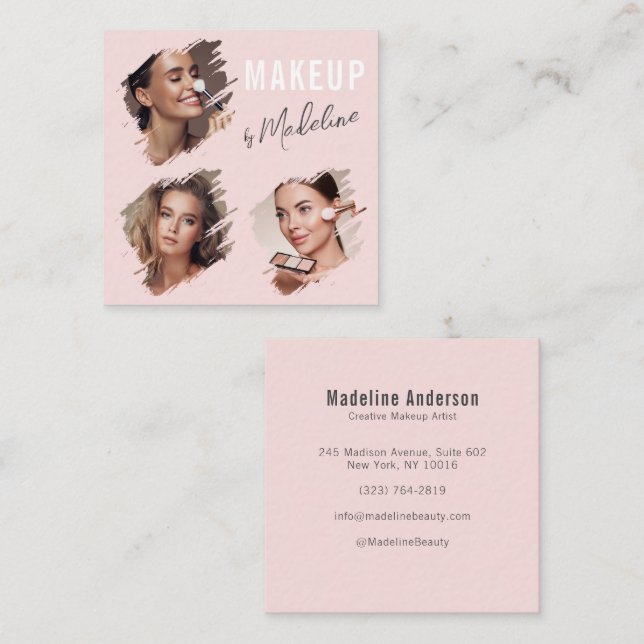 Carte De Visite Carré Blush rose élégant Script noir 3 Photo Maquillage (Devant / Derrière)