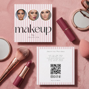 Carte De Visite Carré Blush Rose Rayure 3 Photo MUA QR Code Réseaux Soci