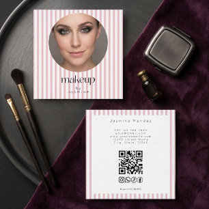 Carte De Visite Carré Blush Rose Rayure Photo MUA QR Code Réseaux Sociau