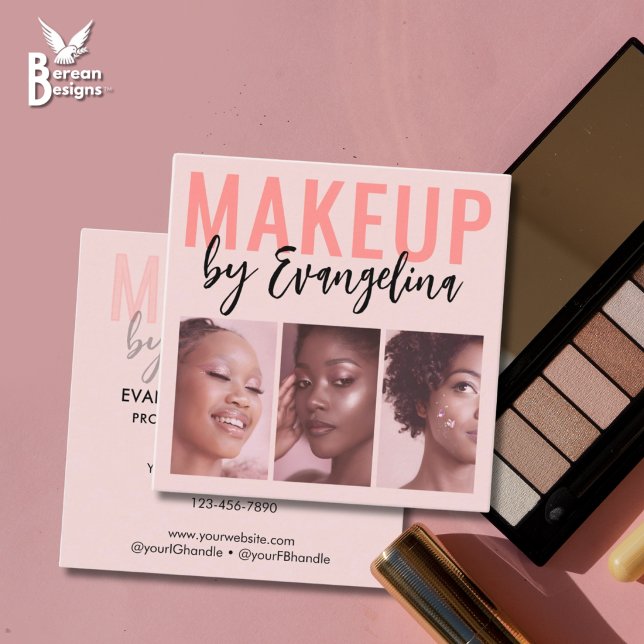 Carte De Visite Carré Blush Rose Script 3 Maquillage Photo (Elevate your MUA branding: Stylish BLUSH PINK MAKEUP BUSINESS CARD square, with 3 photos)