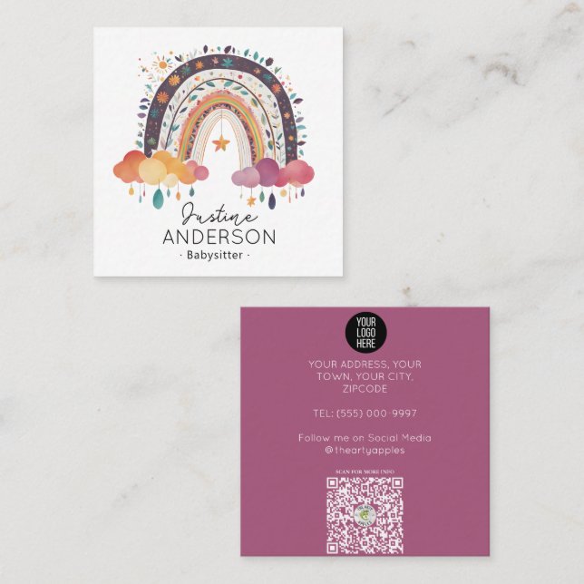 Carte De Visite Carré BLUSH violet SCANDI COEUR RAINBOW BABYSITTER (Devant / Derrière)
