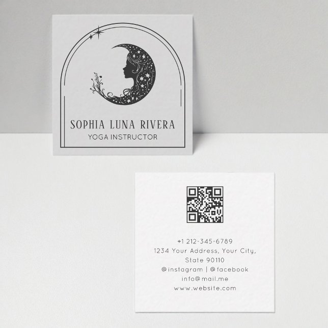 Carte De Visite Carré Boho Arch Crescent Céleste Lune Code QR (Boho Arch Celestial Crescent Moon QR Code Square Business Card)