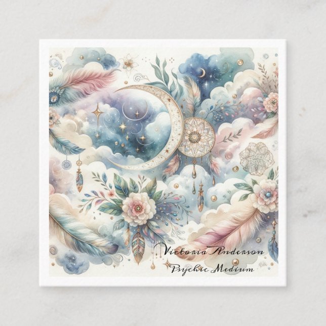 Carte De Visite Carré Boho Blue Dreamcatcher Logo de lecture psychique (Devant)