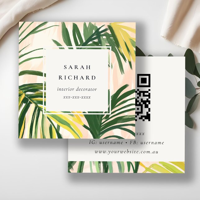 Carte De Visite Carré Boho Blush Green Tropical Palm Feuille QR Code (Créateur téléchargé)