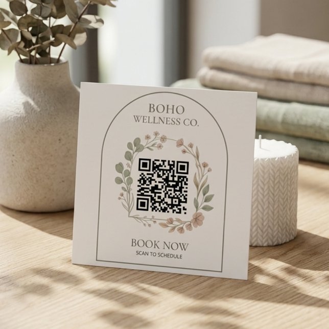 Carte De Visite Carré Boho Botanical Arched QR Code Square (Luxe Boho Business Card for Wellness & Creative Pros | Modern Botanical Design)