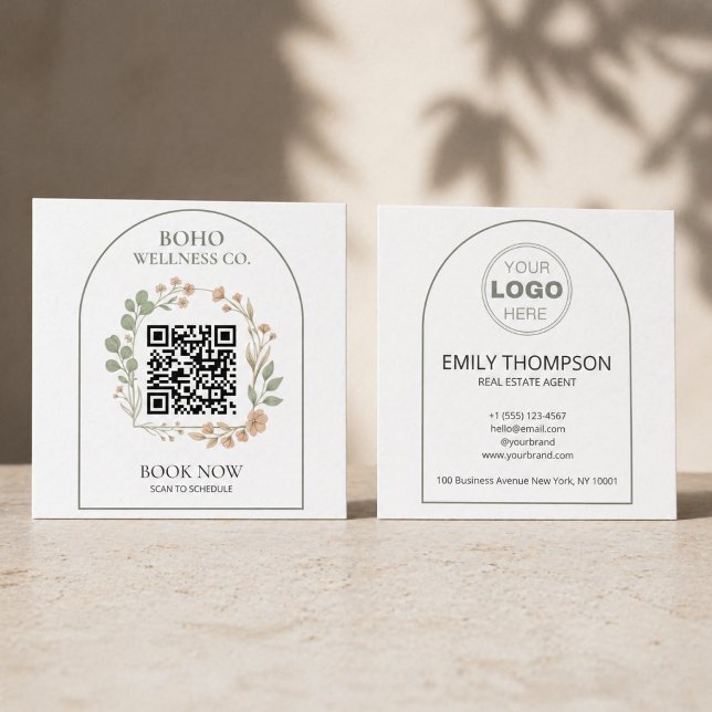 Carte De Visite Carré Boho Botanique Code QR en Arc de Cercle Carré (Aesthetic Boho Botanical Square Business Card with QR Code for Small Business)