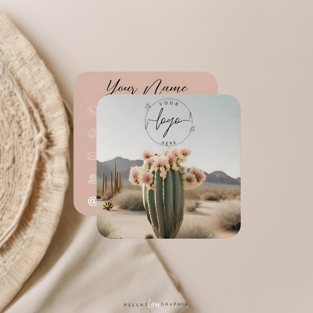 Carte De Visite Carré Boho | Cactus à fleurs | Esthétique (Créateur téléchargé)
