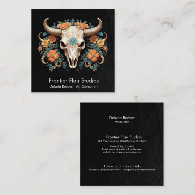 Carte De Visite Carré Boho Chic Aquarelle Art Déco Vache Florale Crâne (Devant / Derrière)