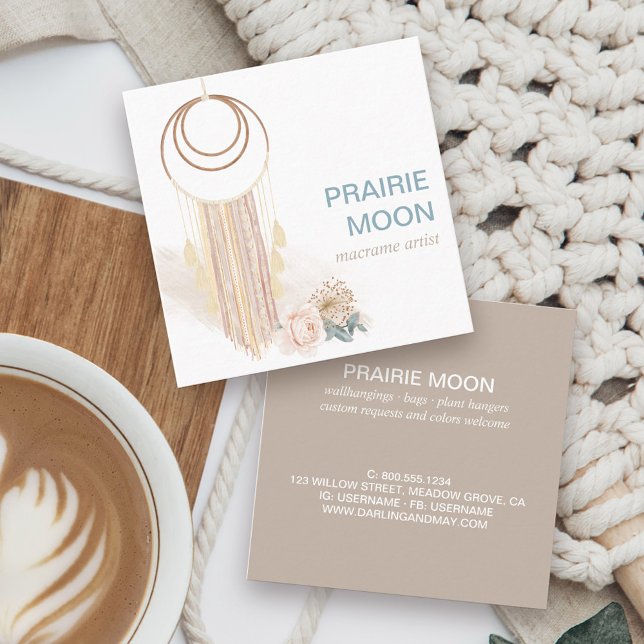 Carte De Visite Carré Boho Chic Aquarelle Macrame Mur suspendu (Macrame wallhanging boho feminine square business card in neutral color story)