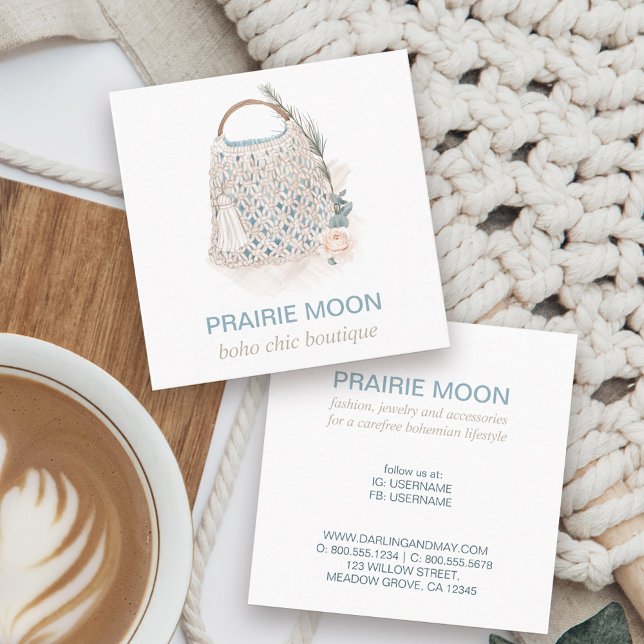 Carte De Visite Carré Boho Chic Aquarelle Macrame Sac Carré Entreprise C (Boutique business card with boho feminine macrame crochet bag in neutral color story)