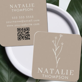 Carte De Visite Carré Boho Chic Minimaliste Greige Fleur QR Code