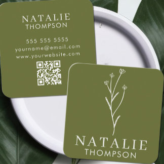 Carte De Visite Carré Boho Chic Minimaliste Olive Green Flower QR Code