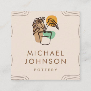 Carte De Visite Carré Boho Coloré Plante & Pot Bohème Poterie céramique