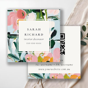 Carte De Visite Carré Boho coloré rose bleu peint Floral QR Code