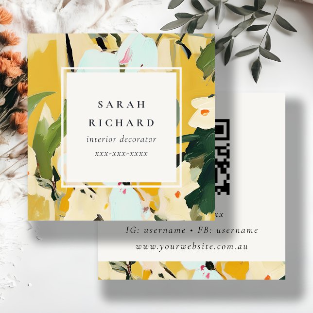 Carte De Visite Carré Boho Colorful Yellow Ochre peint Floral QR Code (Créateur téléchargé)