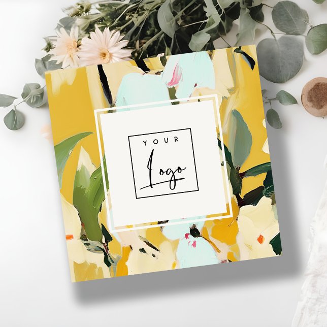 Carte De Visite Carré Boho Colorful Yellow Ochre peint logo floral (Créateur téléchargé)
