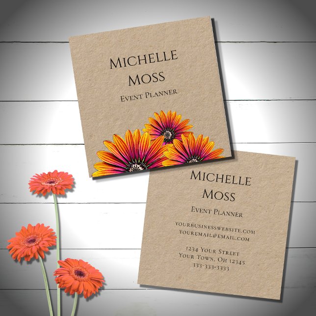 Carte De Visite Carré Boho Daisies Rustic Botanical Event Planner (Créateur téléchargé)