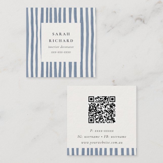 Carte De Visite Carré Boho Dusky Blue Hand Drawn Strips QR Code (Devant / Derrière)