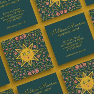 Carte De Visite Carré Boho Élégant de la vigne du soleil et de la florai