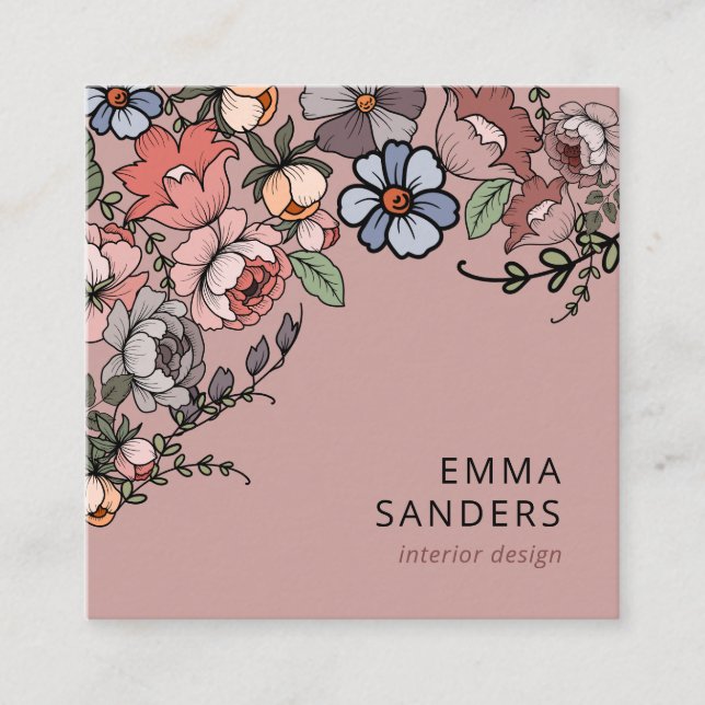 Carte De Visite Carré Boho Floral Et Verdure (Devant)