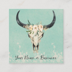 Carte De Visite Carré Boho Floral Vache Crâne sur Turquoise