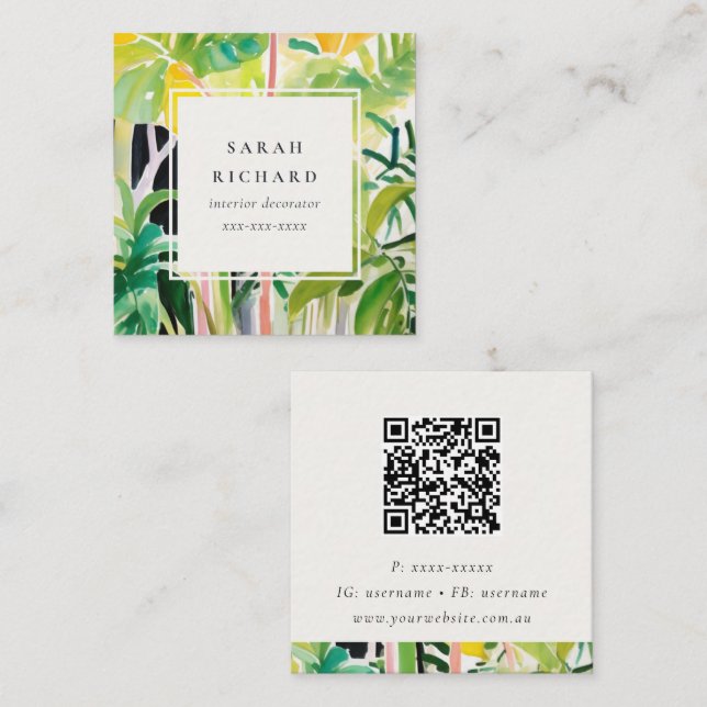 Carte De Visite Carré Boho Green Tropical Leaf Foliage Botanical QR Code (Devant / Derrière)