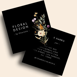 Carte De Visite Carré Boho Noir Aquarelle Fleur sauvage Floral Designer