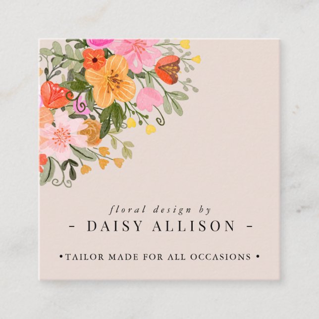 Carte De Visite Carré Boho Watercolor Spring Fleur sauvage (Devant)