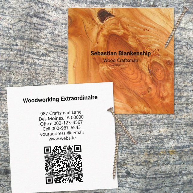 Carte De Visite Carré Bois d'artisanat Finish Wood Texture QR Code (Use this business card design for any business once you personalize all the text and add a QR code. )