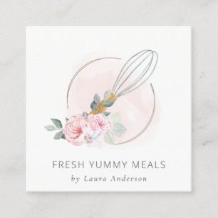 Carte De Visite Carré Bois Whisk Blush Aquarelle Floral Chef Logo
