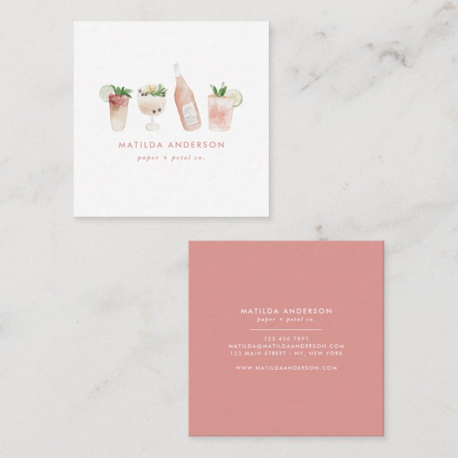 Carte De Visite Carré Boissons modernes à la poupée rose cocktail vin aq (Devant / Derrière)