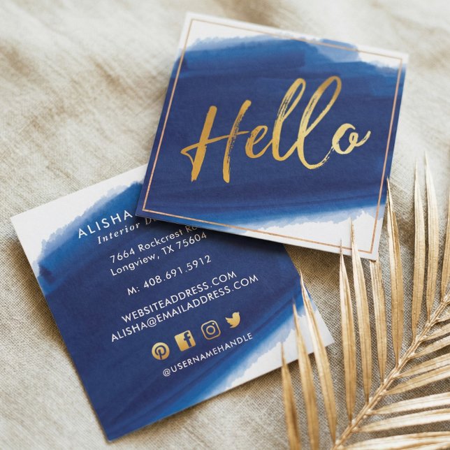 Carte De Visite Carré Bonjour Gold Script | Aquarelle de la marine (Hello Gold Script | Navy Watercolor Brush Stroke Square Business Card)