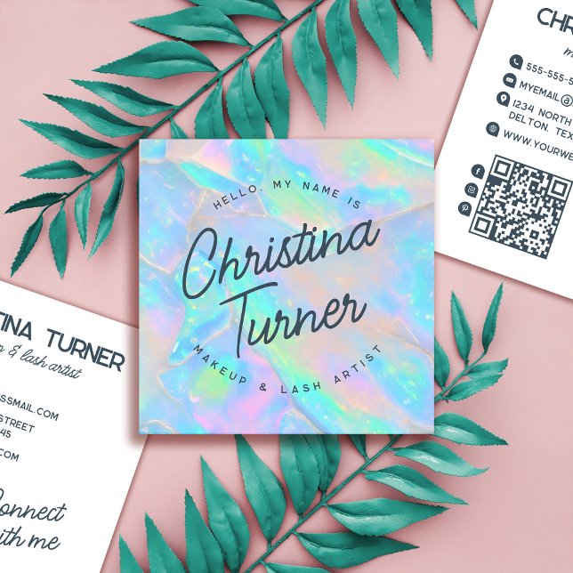 Carte De Visite Carré Bonjour Mon Nom Est Iridescente Holographic Opal (Créateur téléchargé)