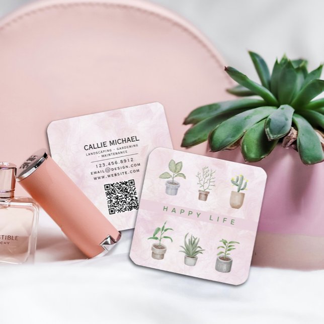 Carte De Visite Carré Bonne vie Plantes verts (Watercolor Pink and Green Potted Plant Business Card, #nurseries, #eventplanners#illustrators)
