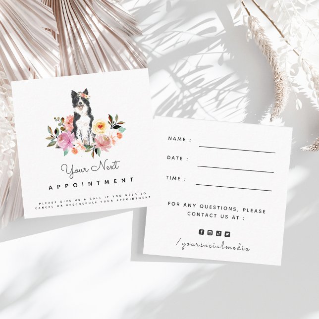 Carte De Visite Carré Bordure florale Collie Chien Rendez-vous rappel mi (Créateur téléchargé)