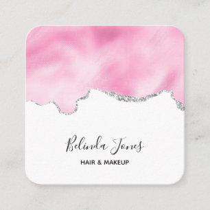 Carte De Visite Carré Bordure Parties scintillant rose et argent Faux él