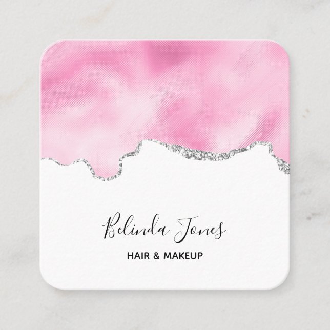 Carte De Visite Carré Bordure Parties scintillant rose et argent Faux él (Devant)