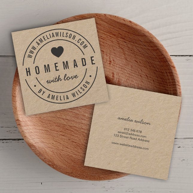 Carte De Visite Carré Bordure Ronde Gras Fait Maison Avec Coeur Amoureux (Créateur téléchargé)