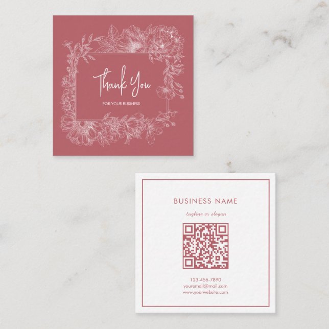Carte De Visite Carré Bordure simple Fleur Dusty rose QR Code Merci (Devant / Derrière)