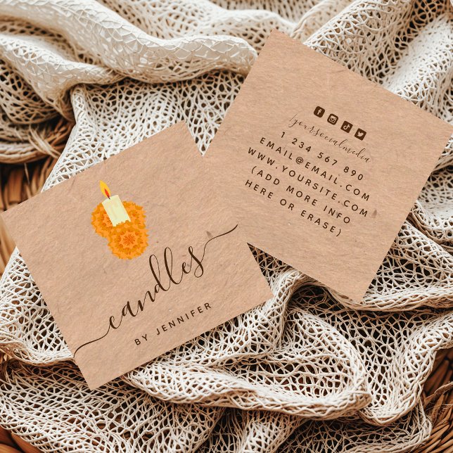 Carte De Visite Carré Bougies maison Kraft Style Papier et médias sociau (Créateur téléchargé)