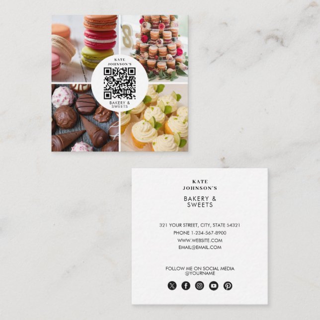 Carte De Visite Carré Boulangerie Baking Sweets Photo QR Code Social Med (Devant / Derrière)