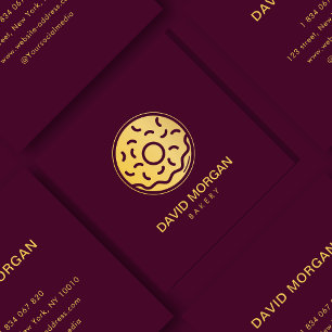 Carte De Visite Carré Boulangerie élégante Burgundy & Gold Donut Logo